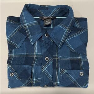 Outdoor Research Flannel Plaid Button Down Shirt Blue Size Medium *Repaired Seam